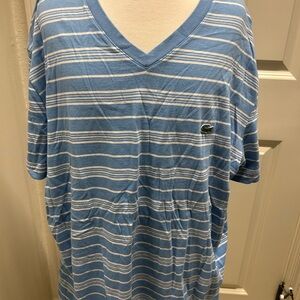 Lacoste Men's Light Blue and White Striped Tee